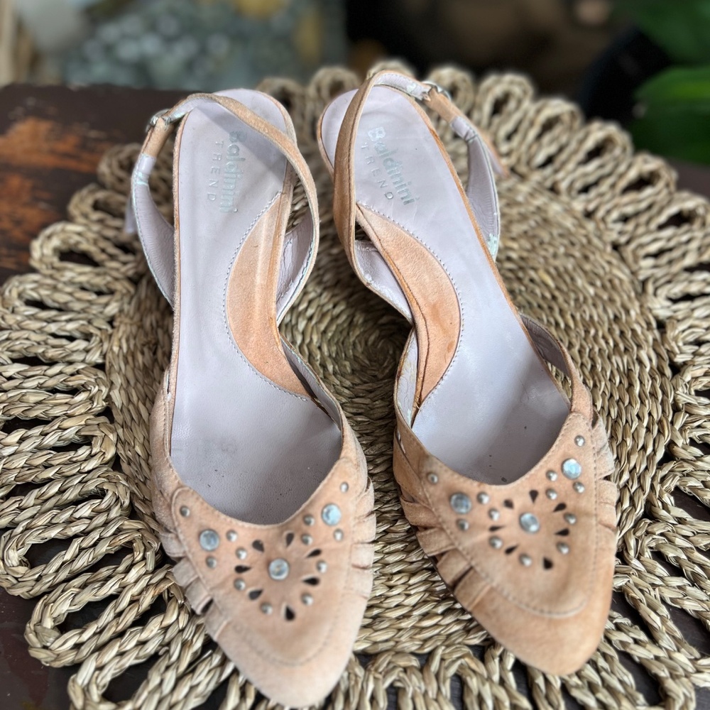 Baldinini Beige Suede Rhinestone Cut-Out Slingback Kitten Pointed Toe Heels 38
